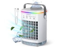 Vulpes Goods® Tech - Mini Airco PRO - Mobiele Airco - Luchtkoeler 4in1 - Aircooler - Tafelventilator - 4 windsnelheden, 2 luchtbevochtingsstanden & timer - Lekvrij - Wit