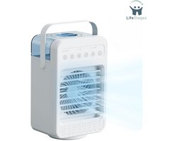 LifeStages - Mobiele Aircooler- Mini Luchtkoeler - USB Desktop Luchtkoelventilator - 4 Snelheden - 2 Nevels - met Timer en LED Verlichting - Wit