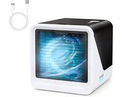 Luchtkoeler - Mobiele airco zonder afvoerslang, mini-luchtkoeler met waterkoeling, stille USB-C-ventilator, 3 snelheden, draagbare luchtkoeler voor slaapkamer, kantoor en auto, tafelventilator, compact（zwart）