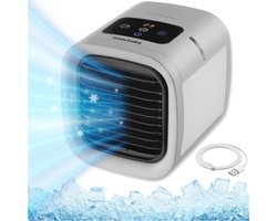 tectake® Aircooler Frosty met LED-Verlichting - 2 Koelstanden - 8W - 3-in-1 Luchtkoeler met Waterreservoir - Zonder Afvoerslang - Inclusief USB-Kabel en Trechter - Mini Airco - Grijs