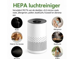 Luchtreiniger – HEPA H11 Filter – Ionisator – Aromatherapie – Stil 25dB – 4 Snelheden – 360° Inlaat – Timer – Verwijdert 99,9% Stof, Geur, Allergenen, Rook, Huisdierhaar – Slimme Sensor – Voor Slaapkamer/Woonkamer