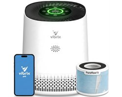 Vibrix PureFlow15 Luchtreiniger / Air Purifier – HEPA H13 + koolstoffilter inbegrepen – 100 m³/u, voor kamers tot ca. 15 m² – Ionisator – App-bediening – Zeer stil & slaapstand – Luchtkwaliteitindicator – Helpt bij stof, pollen & huisstofmijt