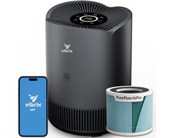 Vibrix PureFlow30 Pro Luchtreiniger / Air Purifier – HEPA H14 + koolstoffilter inbegrepen – 180 m³/u, voor kamers tot ca. 30 m² – Ionisator – App-bediening – Zeer stil & slaapstand – Luchtkwaliteitindicator – Helpt bij stof, pollen & huisstofmijt