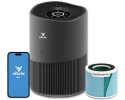 Vibrix PureFlow50 Pro Luchtreiniger / Air Purifier – HEPA H14 + koolstoffilter inbegrepen – 350 m³/u, voor kamers tot ca. 50 m² – Ionisator – App-bediening – Zeer stil & slaapstand – Luchtkwaliteitindicator – Helpt bij stof, pollen & huisstofmijt