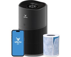 Vibrix PureFlow70 Pro Luchtreiniger / Air Purifier – HEPA H14 + koolstoffilter inbegrepen – 468 m³/u, voor kamers tot ca. 70 m² – Ionisator – App-bediening – Zeer stil & slaapstand – Luchtkwaliteitindicator – Helpt bij stof, pollen & huisstofmijt