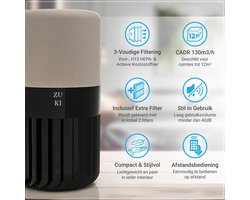 ZUKI – Luchtreiniger met H13 True HEPA Filter – CADR 125 m³/h – Tegen allergieën, hooikoorts, fijnstof & rook – Automatische modus + fluisterstille slaapstand (28 dB) – PM2.5 Sensor, Luchtkwaliteit Display & Afstandsbediening & extra filter