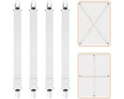 4x Verlengde Laken Clips – Verstelbare Elastische Hoekbanden met 2 Metalen Clips – Lakenhouders voor Matrassen, Bankkussens en Bedtextiel – Bedbinder Set – Wit – Anti-Slip Hoekspanners
