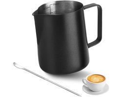 350ml melkkan van roestvrij staal, zwart, geschikt voor koffie- en melkopschuimers, draagbare melkopschuimer met maatverdeling, merknaam, barista-accessoire, geschikt voor espresso, cappuccino, latte en andere latte art.