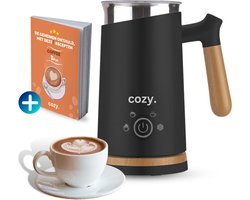cozy.® Premium Melkopschuimer Electrisch - Melkklopper - 4-in-1 Melkschuimer - Milk Frother - Opschuimer - Koffie accesoires - Incl. E-Book - Mat Zwart & Hout
