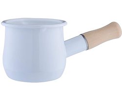 Elegante Melkpan van Emaille, 450 ml, Geschikt voor Inductie en Gas, Met Schenktuit en Houten Handvat