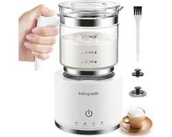 Elektrische melkopschuimer 4-in-1 voor warm en koud melkopschuimer 600 W 500 ml afneembaar glazen opzetstuk visueel latte-design vaatwasmachinebestendig roestvrij staal wit