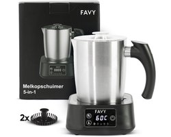 Favy Pro Elektrische Melkopschuimer – 5-in-1 – 500 ml – Vaatwasserbestendig – Digitaal Display & Temperatuurregeling – Inclusief 2 Gardes – Melkopschuimer & Melkverwarmer – Zwart RVS