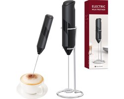 Handmatige Melkopschuimer met Standaard – Mini Batterij Klopper voor Koffie, Cappuccino & Latte – Zwart – melkopschuimer – Koffie Mini Mixer Met Houder – Handig op de Camping – RVS – 34645