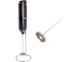 Intirilife Elektrische melkopschuimer in Zwart met houder - Batterij-aangedreven handopschuimer, melkschuim maker voor koffie, latte macchiato, cappuccino, warme chocolademelk