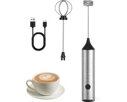 Melkklopper - Lektrische Melkopschuimer - Melk Opschuimer Handmatig - Oplaadbare Koffiegarde Met Dubbellaags Schuimkop - Met 3 Snelheden - 2 Detachable Stainless Steel Whisks - Voor Latte, Cappuccino, Warme Chocolademelk, Matcha, Zilver