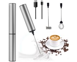 Melkopschuimer Electrisch - Met Roestvrij Staal 304 - Tot 13.000 Tpm - Melkopschuimers Voor Slagroom, Eiwitten En Saucen - 1 Stuks - Koffie Mini Mixer En Matcha Klopper Electrisch Zilver