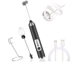 Melkopschuimer - Melkopschuimer Electrisch - Elektrische eierklopper - Zwart - Dubbele kop + standaard 1