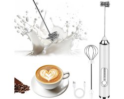 Melkopschuimer-melkopschuimer electrisch-melkopschuimer electrisch-Verwijderbaar voor reiniging-Draadloos ontwerp-Drie vervangende koppen-RVS-Wit + zilver