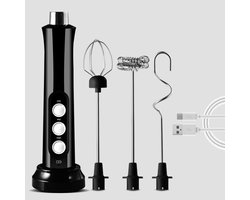 Melkopschuimer - Melkopschuimer elektrisch - Melkopschuimers - Melkopschuimer electrisch - USB oplaadbare melkopschuimer - 3-snelheden elektrische schuimmaker - Met roestvrijstalen garde - Voor koffie-cappuccino-latte-matcha-eiwitpoeder - Zwart
