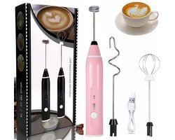 Melkopschuimer- melkopschuimer elektrisch-Oplaadbare melkopschuimer-Handzame elektrische opschuimer- Met 2 roestvrijstalen koppen- Miniblender met 3 snelheden-ideaal voor koffie - Egg Wash- Latte Cappuccino- Warme chocolademelk Matcha (roze - 27*3*3)