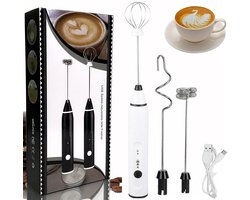 Melkopschuimer- melkopschuimer elektrisch-Oplaadbare melkopschuimer-Handzame elektrische opschuimer- Met 2 roestvrijstalen koppen- Miniblender met 3 snelheden-ideaal voor koffie - Egg Wash- Latte Cappuccino- Warme chocolademelk Matcha (wit - 27*3*3)