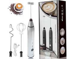 Melkopschuimer- melkopschuimer elektrisch-Oplaadbare melkopschuimer-Handzame elektrische opschuimer- Met 2 roestvrijstalen koppen- Miniblender met 3 snelheden-ideaal voor koffie - Egg Wash- Latte Cappuccino- Warme chocolademelk Matcha (zilver - 27*3*