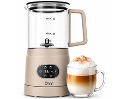 Olvy Melkopschuimer Glas - Elektrische Melkopschuimer 500W - 4-in-1 - Warm & Koud Schuim - 160 ml Melkschuim - 400 ml Warme Melk - Temperatuurdisplay - BPA & PFAS Vrij - Beige