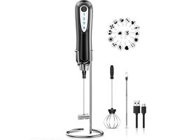 Opschuimer voor Melk - Melkopschuimer Electrisch met roestvrijstalen standaard, 2-in-1 dubbele garde 3-snelheden USB oplaadbare draagbare melkopschuimer / kan worden gebruikt voor eieren - Zwart