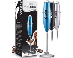 SWILIX ®  Elektrische Melkopschuimer met RVS Houder - Melk Opschuimer - Elektrisch - Blauw