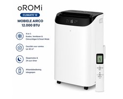oROMI Climate 12 Mobiele Airco 12000 BTU – 4-in-1 Airconditioner – Koelen, Ventileren & Ontvochtigen – Tot 40 m² – Slaapmodus – Afstandsbediening – 24U Timer – Wit