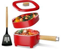 Hotpot Electrisch – Kaasfondue Pan Elektrische Multipan – Multifunctioneel 2L - Chinese Fondue 350/800Watt – Saute Pan – Friteuse – Hete Pan- Stomer – Langzame Kookplaat – Gemakkelijk Schoon te Maken - Rood