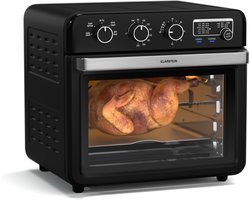 Klarstein AirGlaze heteluchtfriteuse – 34 L, 2000 W, 9 programma’s, draaiknopbediening, rotisserie, panoramaraam, accessoireset: grillrooster, braadmand, bakplaat, draaispit, zwart