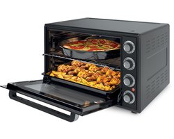 Nocta hetelucht oven 70 liter elektrisch vrijstaand zwart 2000 watt met ontdooi functie timer binnenverlichting accessoires dubbel glas CE gecertificeerd