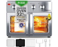 TurboTronic AF32MFD Airfryer Oven XXL – Dubbele Deur – 32L Vrijstaande Mini Oven – Heteluchtoven – Zilver