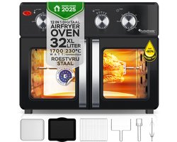 TurboTronic AF32MFD Airfryer Oven XXL – Dubbele Deur – 32L Vrijstaande Mini Oven – Heteluchtoven – Zwart