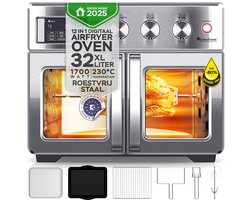 TurboTronic AFD32 Airfryer XXL en Oven – 12 Kookprogramma's – Vrijstaande Mini Oven – Instelbaar van 25 tot 230°C - 32L - Zilver