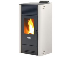 Fair BIO 100A Pelletkachel 10 kW – Compact Design – Boven- of Achteraansluiting – Gietijzeren Branderpot – Programmeerbaar – Wit – 265 m³