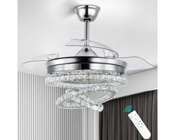 3 Ring Crystal Ventilator Lamp - Met Afstandsbediening - Stille Ventilator - 106 cm - Chroom - Timer - Woonkamerlamp Ventilator - Moderne Plafond Ventilator Lamp - Kroonluchter Ventilator