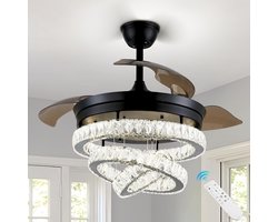 3 Ring Crystal Ventilator Lamp - Met Afstandsbediening - Stille Ventilator - 106 cm - Zwart - Timer - Woonkamerlamp Ventilator - Moderne Plafond Ventilator Lamp - Kroonluchter Ventilator