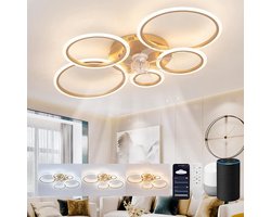 5 Ringen Plafondventilator - Goud - 6 Snelheden - Bedienbaar Met Alexa & Google Assistant - Moderne Cirkel Ventilator Licht