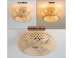 Bamboe Lampenkap Plafondventilator met Verlichting en Afstandsbediening - Stil Plafondlicht met 6 Snelheden en Omkeerbare Rotatie - Rieten Hanglamp voor Slaapkamer, Woonkamer en Keuken