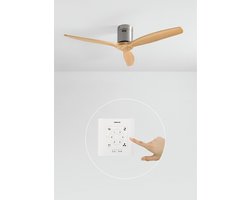 CREATE - Plafondventilator 40W silent 100% hout (Ø132cm) (ruimtes 10m²-25m²) - Nikkel / Licht hout - Geen licht - Controller voor wandmontage + afstandsbediening- WIND CALM NATURAL WOOD
