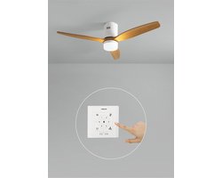 CREATE - Plafondventilator 40W silent 100% hout (Ø132cm) (ruimtes 10m²-25m²) - Wit / Licht hout - Met licht - Controller voor wandmontage + afstandsbediening - WIND CALM NATURAL WOOD