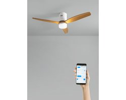 CREATE - Plafondventilator 40W silent 100% hout (Ø132cm) (ruimtes 10m²-25m²) - Wit / Licht hout - Met licht - WIFI + Afstandsbediening - WIND CALM NATURAL WOOD