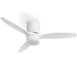 CREATE - Plafondventilator 40W silent Ø132 cm 100% Hout - Met Verlichting drie temperaturen - Met Wandregelaar - Met Afstandsbediening - 6 Snelheden - Timer - Zomer/Winter functie -Wit - WIND CALM LINE