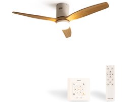 CREATE - Plafondventilator 40W silent Ø132 cm ABS - Met Verlichting drie temperaturen - Met Wandregelaar - Met Afstandsbediening - 6 Snelheden - Timer - Zomer/Winter functie - Naturel Hout - WIND CALM