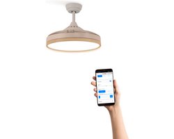 CREATE - Plafondventilator 40W stil Ø108cm intrekbare messen - Wit & Naturel hout - Met licht - Met Wifi - WIND CLEAR