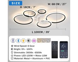 Dimbare Plafondventilator met Verlichting en Afstandsbediening - 6 Snelheden - 100cm