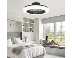Glitzerlife - Plafondventilator met verlichting - Dimbare LED ventilator lamp plafond - Afstandsbediening - 6 windsnelheden - Timerfunctie - ABS PVC design - Ø49cm - Zwart - Plafondlampen met ventilator woonkamer slaapkamer eetkamer