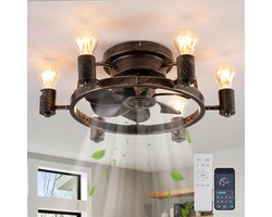 Industriële Retrostijl Plafondventilator - Ventilator Lamp - Smart Lamp - Dimbaar - 6 Standen - Moderne lamp - 6 Lampen - Bruin